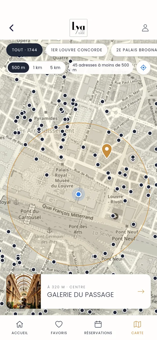 La carte de l’application LYA City Guide