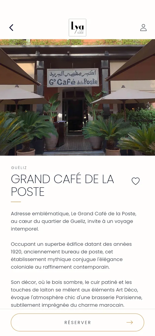 La page d’une adresse dans l’application LYA City Guide, avec réservation et favori